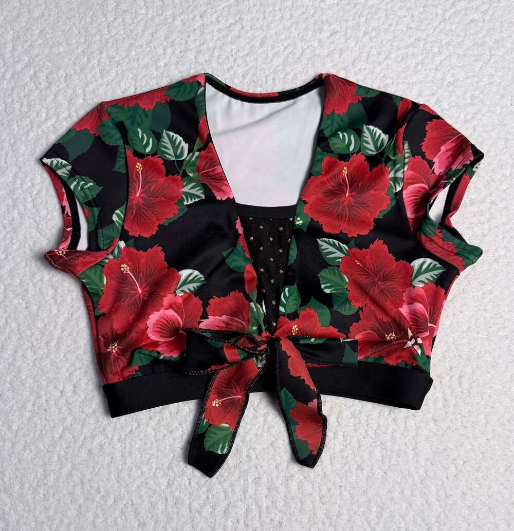 Rebel Athletic Hibiscus Print Tie-Front Crop Top Youth M